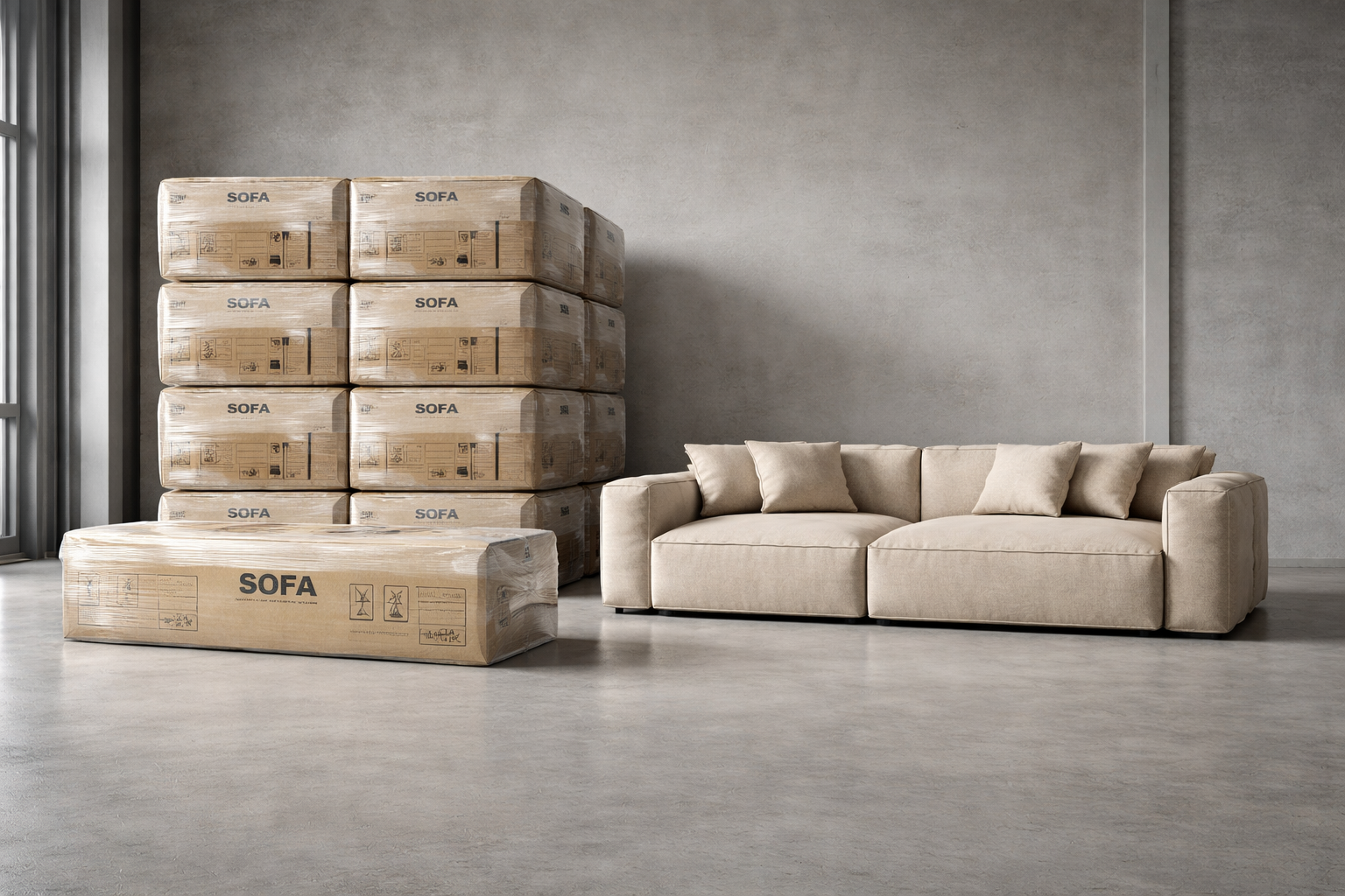 Compressed sofas with export-ready packing